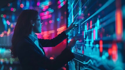 Poster - woman touching analyzing computer screen with digital financial data graph statistics technology concept. AI generated