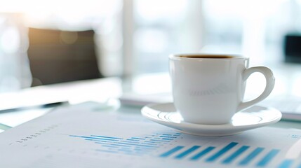 Poster - Close-up of financial charts and a cup of coffee on a desk, symbolizing strategic planning and wealth management discussions, with ample copy space.