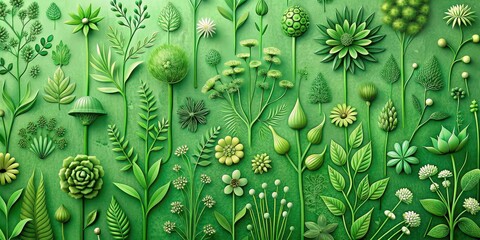 green wallpaper with an array of strange flowers and plants, green, wallpaper, strange, flowers, pla