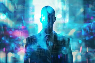 Poster - Businessman with a futuristic artificial intelligence graphic overlay in a long exposure