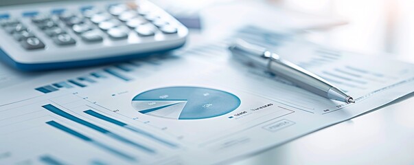 Poster - detailed view of financial documents, a calculator, and a pen on a desk, representing wealth managem