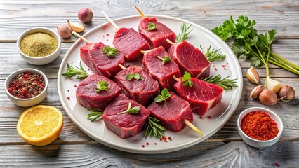 Wall Mural - Raw beef steaks, cutlets, and shashlik seasoned with spices on a white plate, meat, raw, beef, steaks, cutlets, shashlik