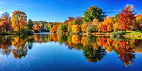 Wall Mural - Serene autumn park landscape with colorful trees reflecting in lake under clear blue sky, autumn, park, landscape, serene