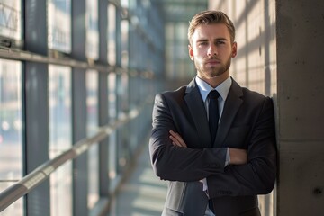 Businessman is standing in a modern office building, looking serious with his arms crossed