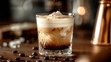 White Russian, closeup, creamy layers, coffee beans, elegant drink, highquality shot