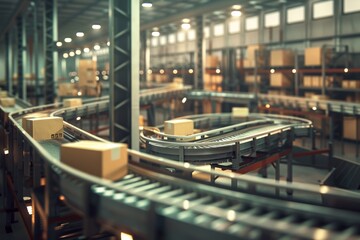 A bustling warehouse with conveyor belts moving numerous packages and boxes in an organized fashion