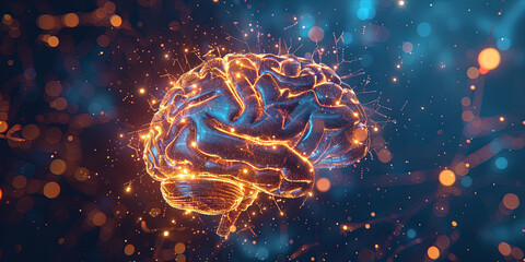 Wall Mural - 3d render of glowing brain with neurons and sparkling light effects, generative AI