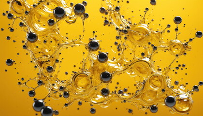 Poster - Black oil droplets suspended in a golden liquid, dynamic and abstract composition against a bright yellow background