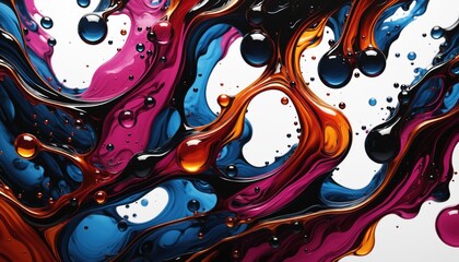 Poster - Close-up swirling black, orange, blue, and pink liquid paint with air bubbles, revealing intricate details in high resolution