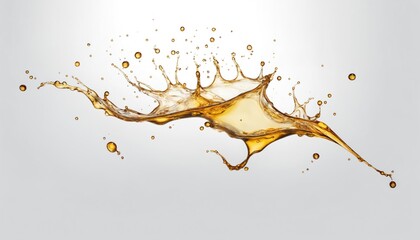 Poster - Close-up photo of golden liquid splashing on white background, forming various shapes with droplets and a thin stream extending right