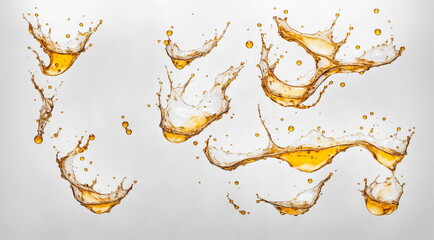 Poster - Collection of golden liquid splashes captured against a white background, showcasing the dynamic movement and intricate patterns of the liquid