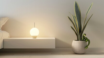 Wall Mural - A minimalist bedroom with a small, bright LED table lamp on a floating side table, next to a minimalist pot containing a sleek snake plant, emphasizing clean lines and simplicity.