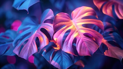 Wall Mural - Vibrant Tropical Leaves in Neon Light