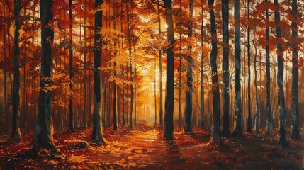 Poster - Sunlight streams through the trees of a dense forest in the late afternoon, casting long shadows across the forest floor covered with fallen leaves.