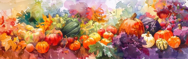 Poster - This painting depicts a vibrant autumn harvest with a variety of gourds, squash, pumpkins, apples, and grapes. It features a large orange pumpkin in the center, surrounded by other autumnal vegetables