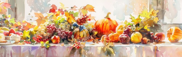 Aufkleber - A watercolor painting depicting a still life arrangement of assorted autumnal fruits and pumpkins on a table beside a window. The scene is bathed in warm sunlight, and the colors are vibrant and reali