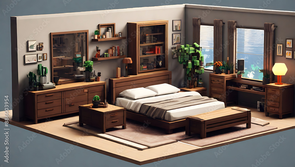 Pixel art assets for a modern interior scene, including furniture ...