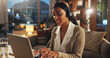 © peopleimages.com - Woman, call center and typing with remote work from home with laptop, microphone and smile in night. Person, advice and headphones for customer service, crm and contact us with job in telemarketing