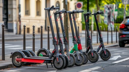 Electric scooters are widely available for rent in European city centers. They are often parked outside public transportation hubs.