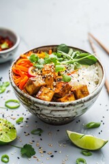 Bowl of sesame-greens-stir-fried tofu