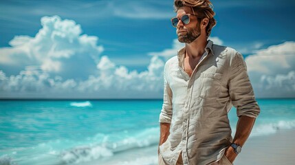 Wall Mural - Man in a casual beach outfit with shorts and a linen shirt, showcasing vacation fashion