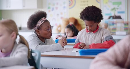 Aufkleber - School, maths and teacher help student in classroom for learning, assignment and numbers lesson. Education, teaching and woman explain to boy for question, development and studying for assessment