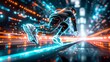 © HikikomorAI - A person running in advanced luminous sneakers in a cyberpunk style, against a backdrop of a neon-lit cityscape with bokeh and multicolored night lights.
