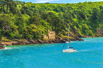 Wall Mural - Colorful Kingswear Castle White Sailboat Dartmouth Devon England