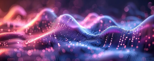 Wall Mural - abstract digital wave with glowing particles in pink and blue.