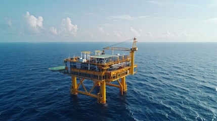 An offshore oil platform sits in calm blue water under a bright blue sky dotted with white, fluffy clouds