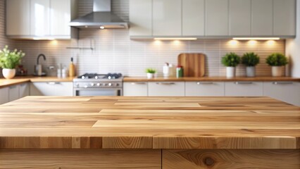 Wall Mural - Natural wood table top with smooth surface and subtle grain pattern on soft focus blurred neutral kitchen background ideal.