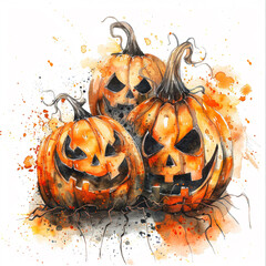 Pumpkins with spooky faces Watercolor on white background