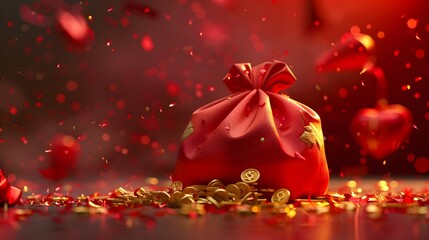 3D rendering of a red cartoon festive bag in the process of opening, revealing a gold ingot inside, symbolizing fortune and festivity