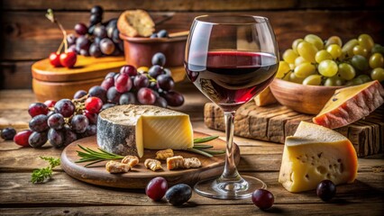 Wall Mural - Richly-colored burgundy wine glass sits atop rustic wooden table surrounded by an assortment of artisanal cheeses, grapes, and olives.