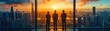 © KanitChurem - Three business professionals standing against large window, overlooking city skyline at sunset, symbolizing success and future opportunities.
