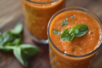 Poster - Two glasses filled with a smoothie are sitting on a wooden table with mint leaves scattered around them