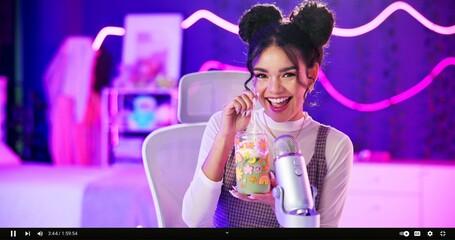 Aufkleber - Video, influencer and portrait of woman with drink, microphone or neon light for ASMR in home studio. Content creator, streamer or happy girl in live stream with smile, product review and green juice