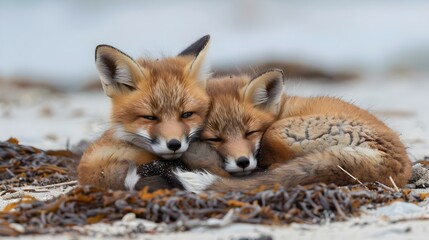 Wall Mural - Wild red fox babies cuddling at the beach