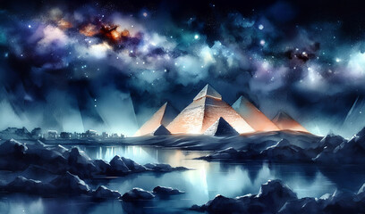 Wall Mural - Watercolor painting of the pyramids of ​​giza at night