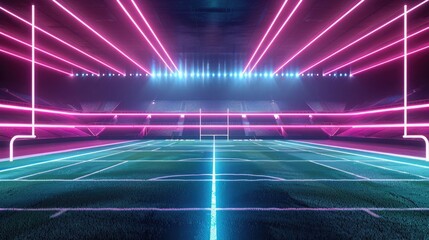 Wall Mural - A football stadium bathed in soft pink and blue neon lights, offering a contemporary and stylish look for promotional events or modern sports broadcasts.
