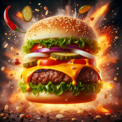 A modern illustration of delicious tasty fresh cheeseburger with lettuce on dark background