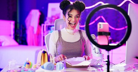 Aufkleber - Unboxing, live stream and happy influencer woman with microphone, neon light and makeup in home studio. Content creator, beauty streamer or excited girl in online video for skincare product review