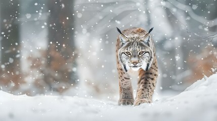 Wall Mural - Lynx walking in snowy nature