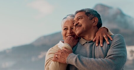 Poster - Love, senior couple and thinking on beach together for holiday bonding, retirement or vacation. Hug, romance or smile with elderly man and woman embracing on tropical island coast for peace or travel