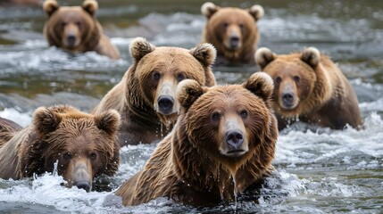 Sticker - Group of Alaskan brown bears fishing in river