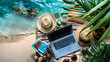 © Studios - Summer break on laptop notebook computer office job work holiday or vacation concept weekend travel rest and relax on the beach day off desk workplace