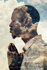 African American man closes eyes in contemplation with afro hairstyle. Cloudy sky background creates serene atmosphere. Double exposure photography style. Abstract expressionism art.