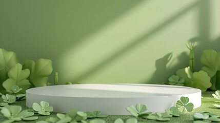 Wall Mural - Minimalist blank white circular platform podium with green clover leaves on a green pastel backdrop for product display. 3D Mockup