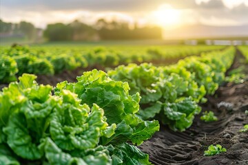 Wall Mural - Lettuce plants growing in a field at sunset