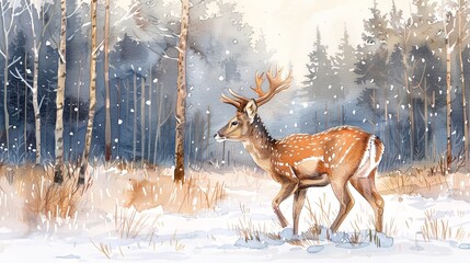 Wall Mural - Watercolour illustration of deer in winter wood, greeting card